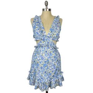 Mable Blue Floral Cottage Core Mini Dress with Cut Outs and Lace Up Back (Sz S)